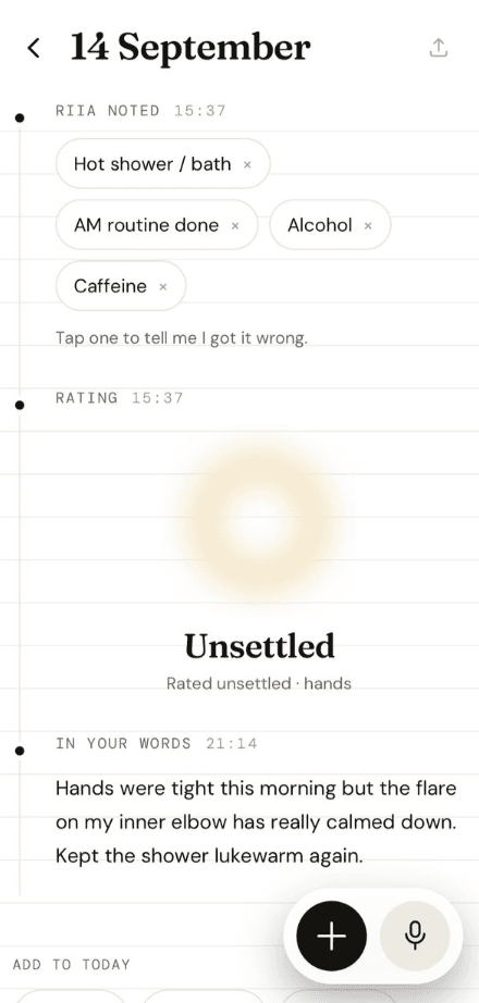 Daily diary with routines, skin rating and personal notes