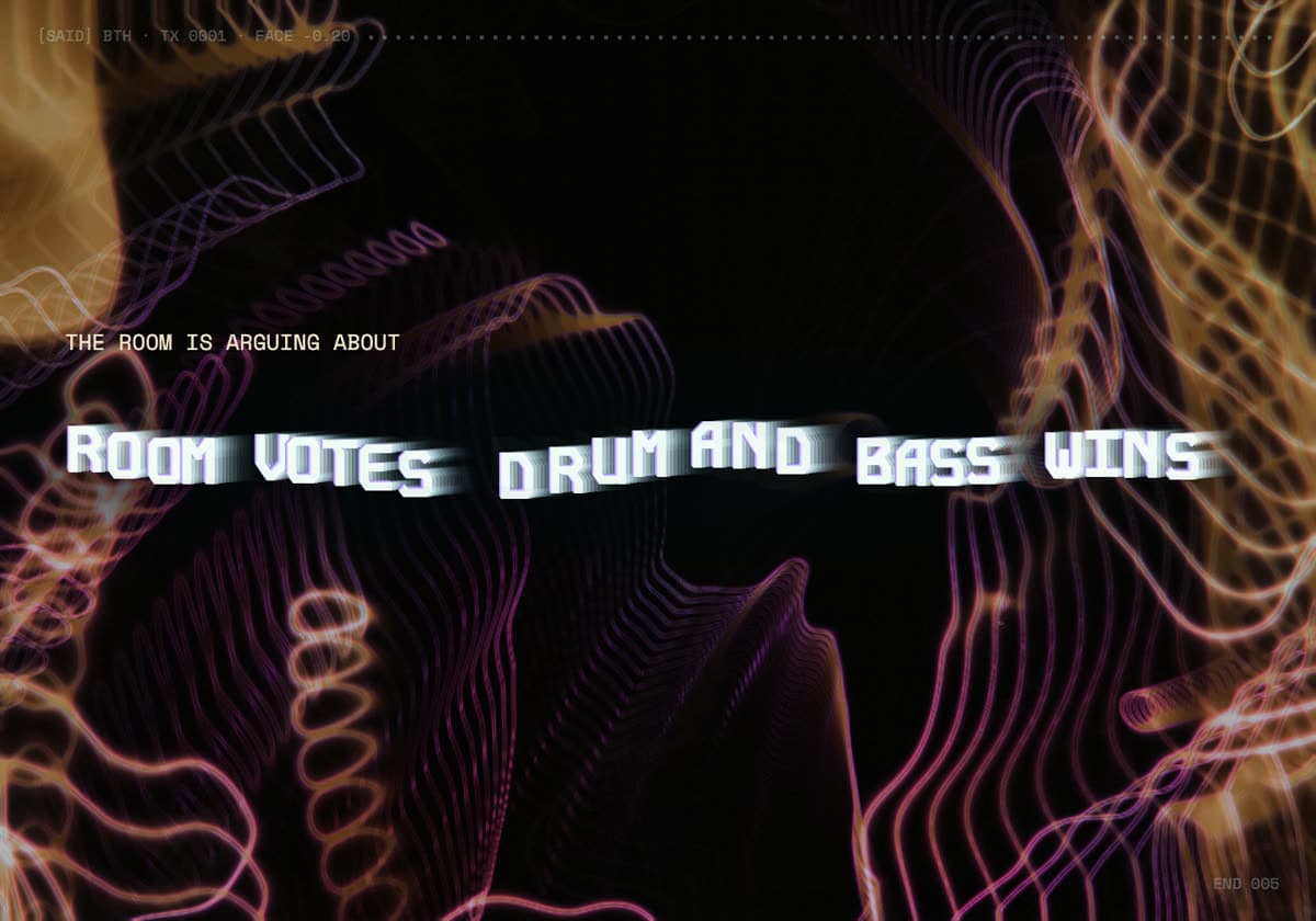 The Boomtown debate screen: a rippling headline over Iona’s moving organic visuals. The displayed debate is demonstration content.