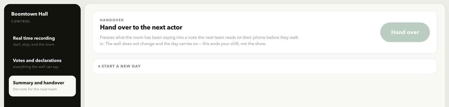 Boomtown Hall’s Summary and Handover interface, where the crew can create the note for the next actor.