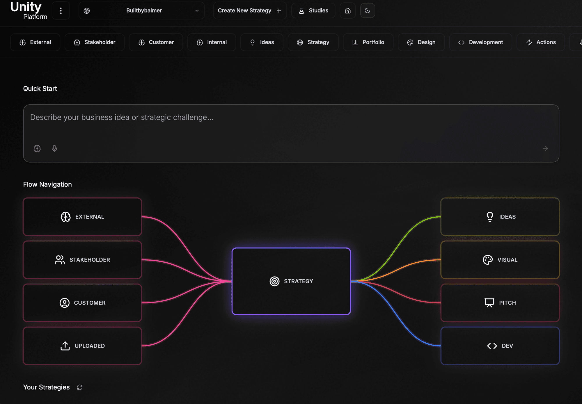 Unity Platform home: flow navigation across the hubs